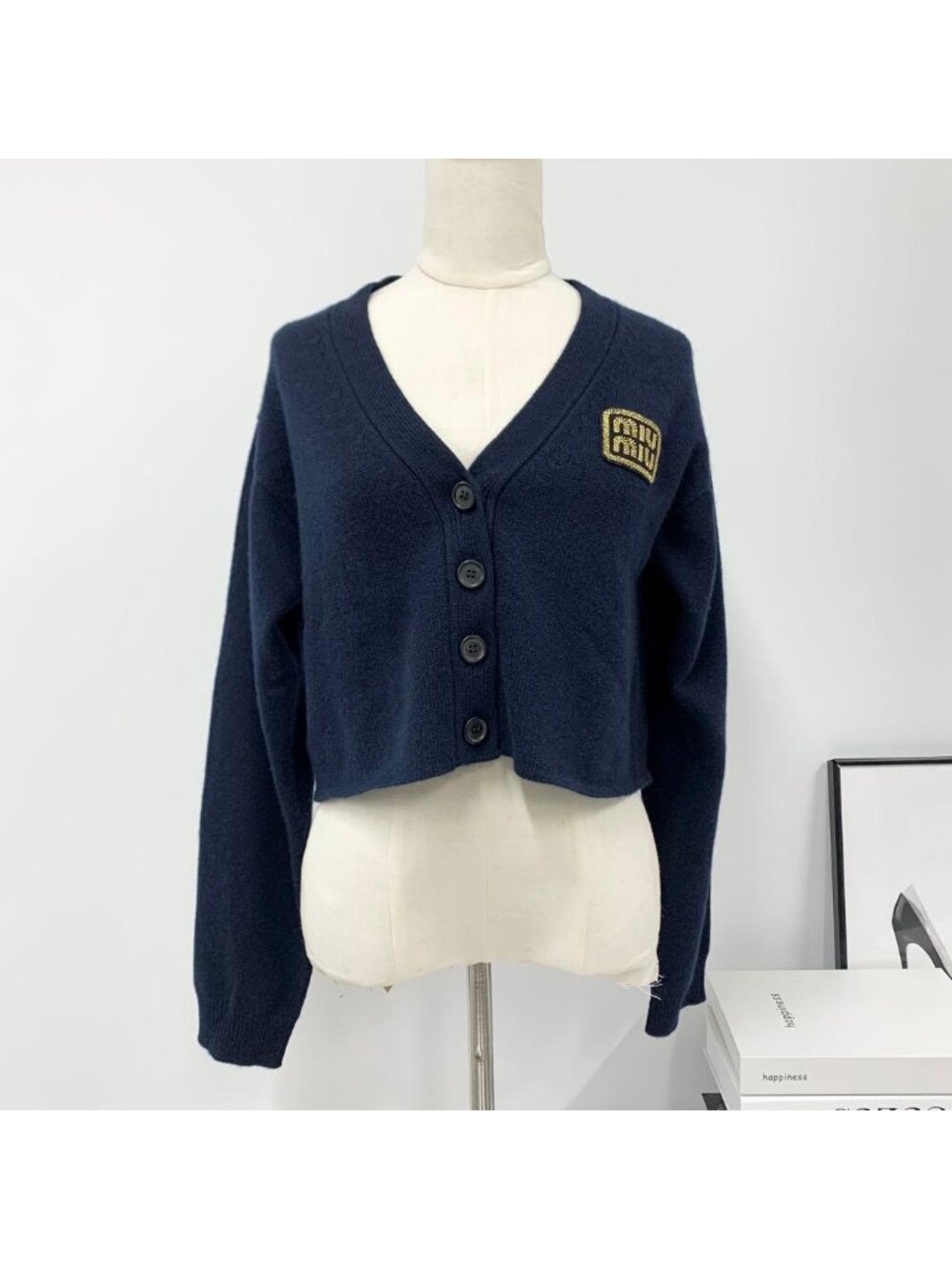 Miu Miu Cashmere Cropped Top Logo Knit Cardigan Long Sleeve